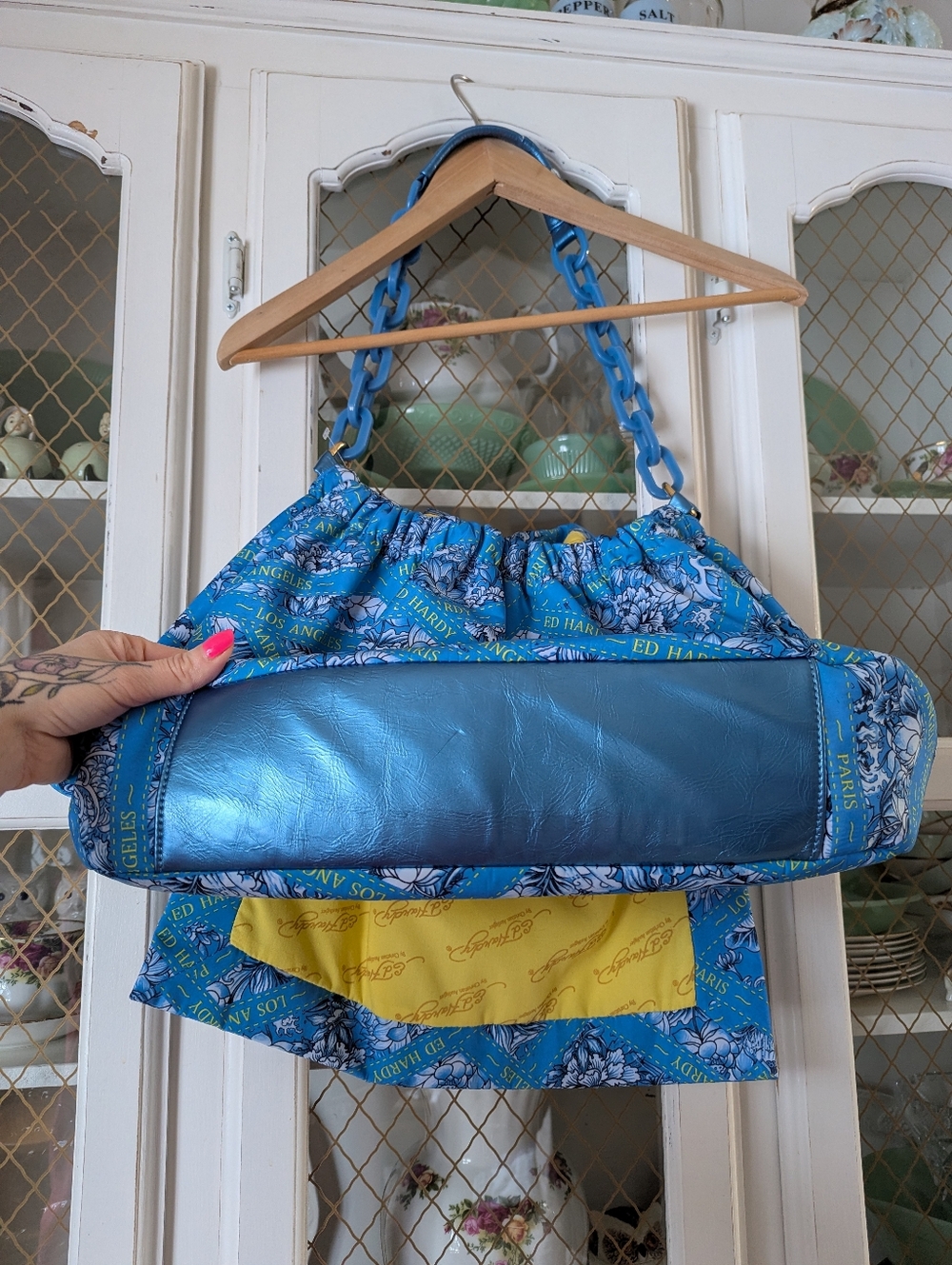 VTG Y2K Ed Hardy Bobbi Bondage Blue Yellow Floral Chain-Handle Shoulder Bag - Picture 10 of 13